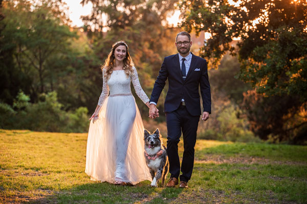 Hochzeitspaar läuft mit Hund durch den Park Berlin
